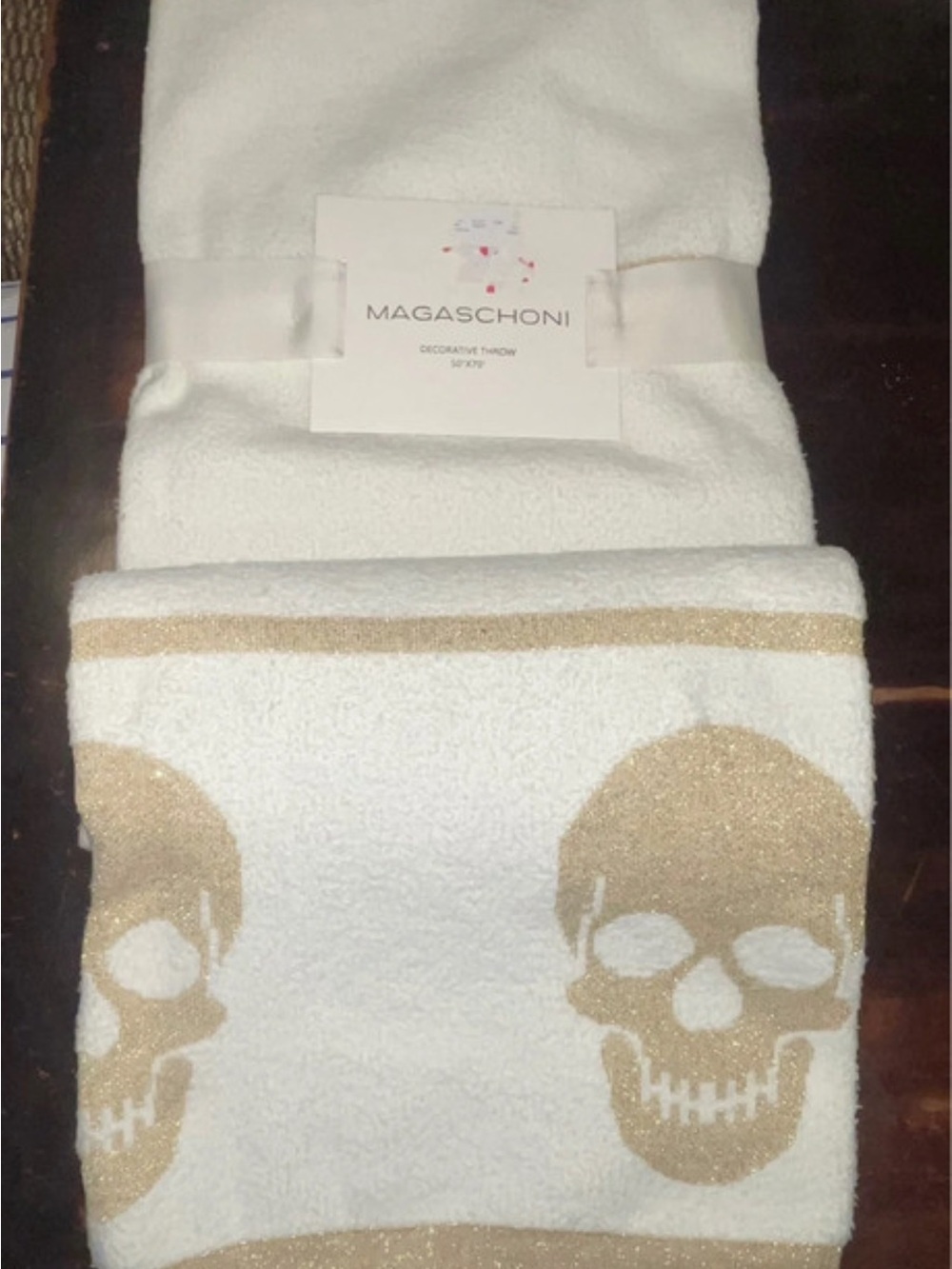 Magaschoni White Throw with Metallic Gold Skull Motif